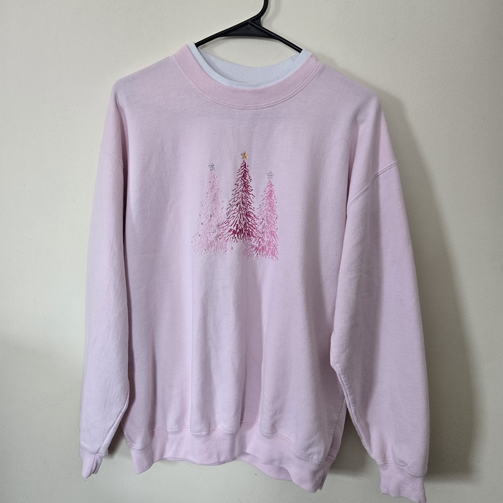 Vintage Grandmacore Faux Collar Sweatshirt Embroidered Pink Trees Feminine Sz Lg